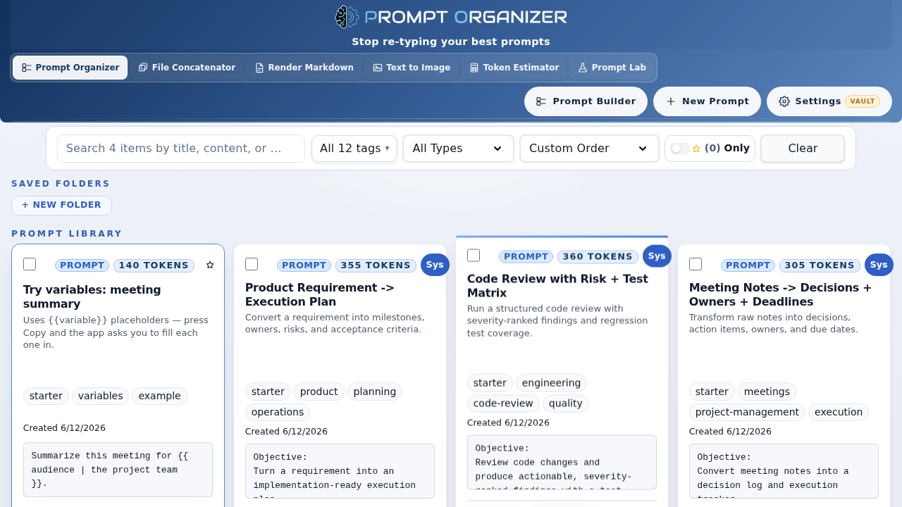 Prompt Organizer prompt library screen with reusable prompts and local storage controls
